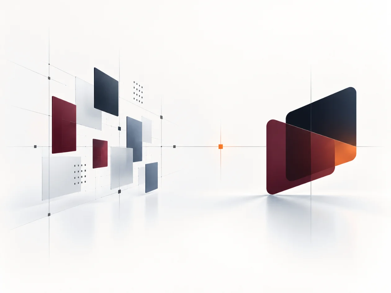 Identity elements on a drafting grid, a lit point on the horizon, and a stack of composed surfaces beyond it